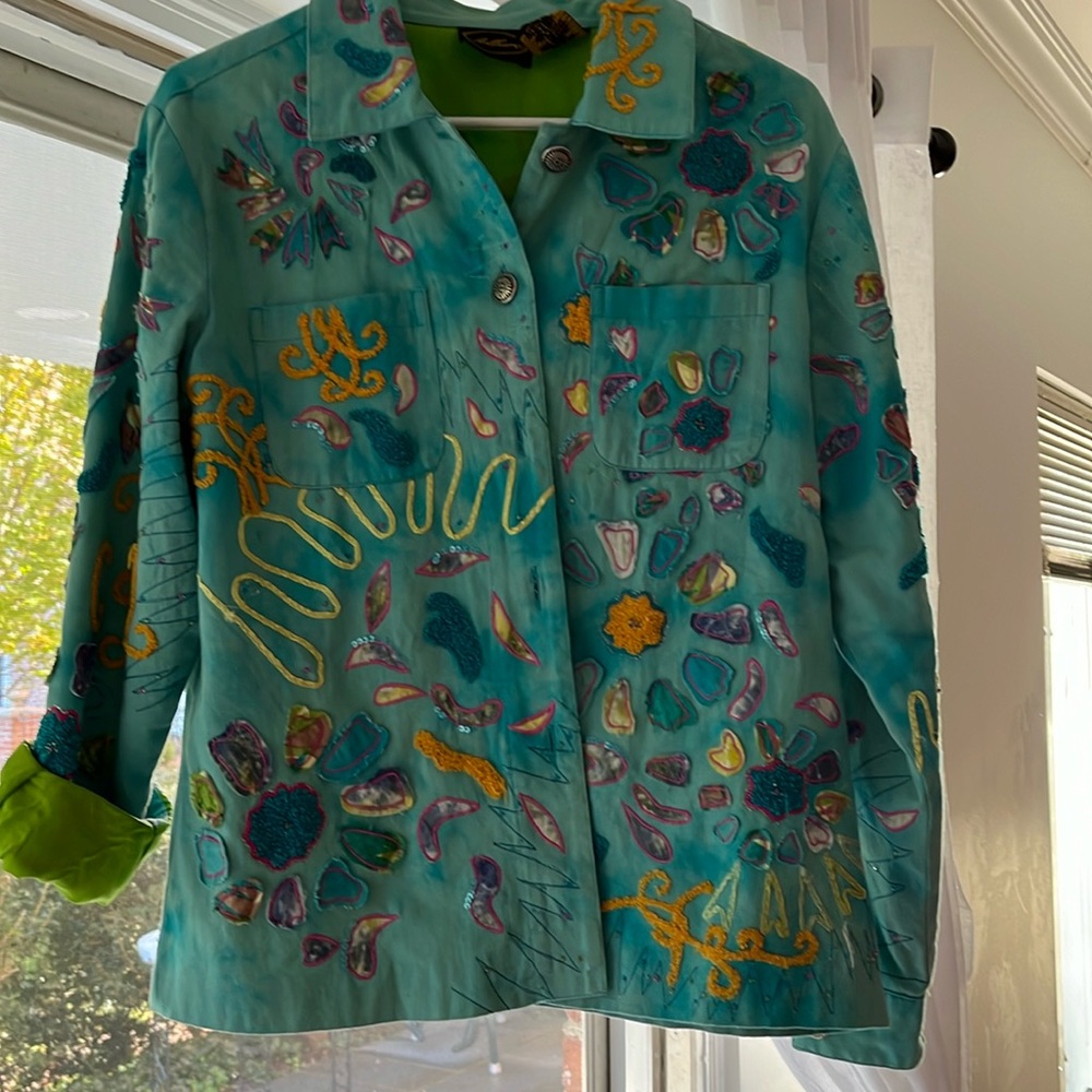 Fanciful, Embroidered & Beaded Ladies Jacket! Teal, yellow, lime, white! Size M